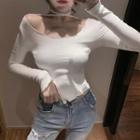 Long-sleeve Side-slit Cropped T-shirt