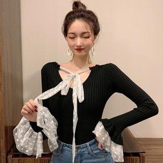 Dotted Mesh Flared-cuff Ribbed Knit Top