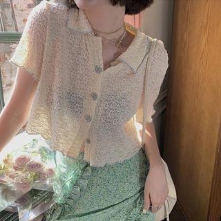 Elbow-sleeve Collared Lace Blouse