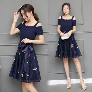 Embroidered Off-shoulder Short-sleeve A-line Dress