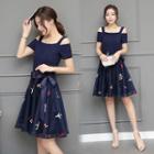 Embroidered Off-shoulder Short-sleeve A-line Dress