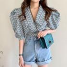 Puff-sleeve Chevron Stripe Blouse Grayish Blue - One Size