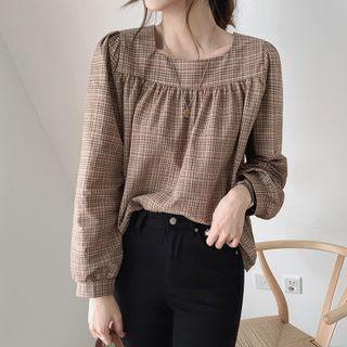 Square-neck Plaid Long-sleeve Shirt