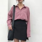 Set: Plain Long-sleeve Blouse + Asymmetric Skirt