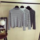 Mock-neck Striped Long-sleeve T-shirt / Patterned Open-front Cardigan