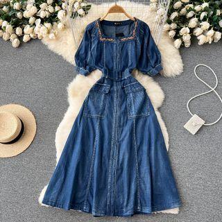 Puff-sleeve Embroidered Denim Midi A-line Dress