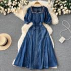 Puff-sleeve Embroidered Denim Midi A-line Dress
