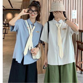 Applique Elbow-sleeve Polo Shirt / Midi A-line Skirt