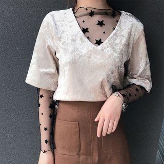 Velvet V-neck Elbow-sleeve T-shirt