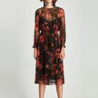 Set: Long-sleeve Floral Tulle Midi Dress + Slipdress