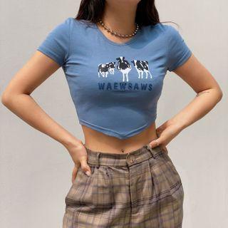 Short-sleeve Cow Print Crop Top