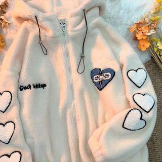 Heart Embroidered Fleece Zip-up Hoodie