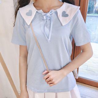Heart Embroidered Short Sleeve Collared T-shirt