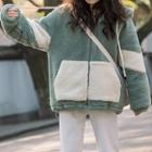 Hooded Color-block Fleece Zip Jacket Pea Green - One Size