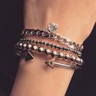 Set Of 4: Stainless Steel Bead / Rhinestone Bracelet / Triangle Open Bangle (assorted Designs) 836 - Set Of 4 - One Size