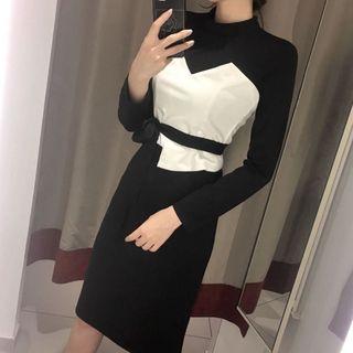 Set: Long-sleeve Midi A-line Dress + Strapless Top