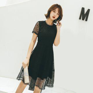 Short-sleeve Lace Overlay A-line Dress