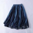 Elastic Waist Pleated Midi Denim Skirt