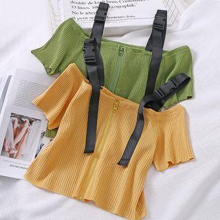Buckled Cold-shoulder Zip-up Rib Knit Top