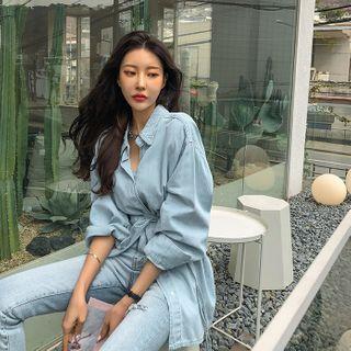 Tie-waist Longline Denim Shirt Light Blue - One Size