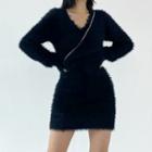 Long-sleeve V-neck Fluffy Mini Bodycon Dress