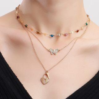 Lock Butterfly Rhinestone Layered Alloy Necklace Gold - One Size