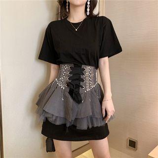 Set: Elbow-sleeve Mini T-shirt Dress + Mesh Paneled Corset Belt