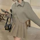 Long-sleeve Collared Asymmetrical Cropped Blouse / Pleated Mini A-line Skirt