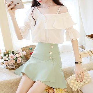 Asymmetric Cold Shoulder Blouse / Ruffle Hem Mini A-line Skirt / Set