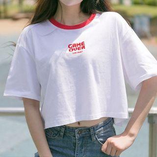 Game Over Embroidered Cropped Ringer T-shirt