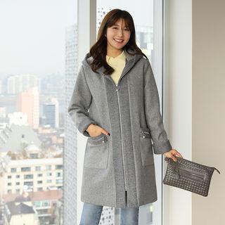 Hooded Ribbed-trim Zip-detail Coat