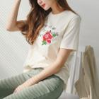 Short-sleeve Flower-embroidered Lettering T-shirt