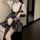 Plain Lace Button-up Blouse / Floral Split A-line Skirt