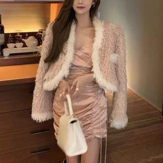 Spaghetti Strap Ruched Mini Sheath Dress / Fluffy Jacket