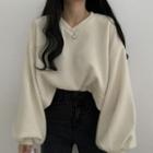 Lantern-sleeve V-neck Plain Sweater