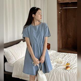 Round-neck Pleated Denim Minidress