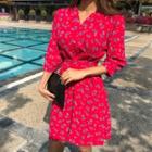 3/4-sleeve Floral Print Mini Dress Red - One Size