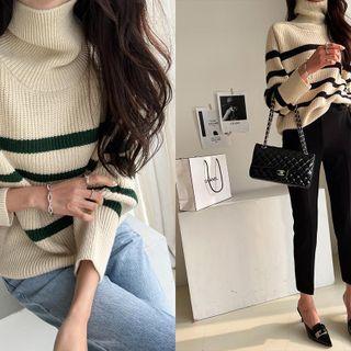 Turtleneck Woolen Stripe Sweater