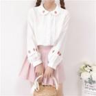 Peter Pan-collar Strawberry-embroidered White Shirt White - One Size