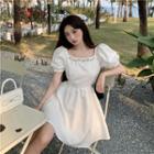 Puff-sleeve Rhinestone Cutout A-line Dress