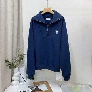 Lettering Embroidered Zip Front Polo Shirt