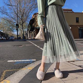 Mesh Pleated Midi A-line Dress