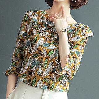 Elbow-sleeve Leaf Print Chiffon Top