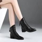 Faux Leather Back Zipper Ruched Block Heel Ankle Boots