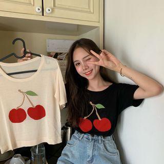 Elbow-sleeve Cherry Jacquard Knit Top