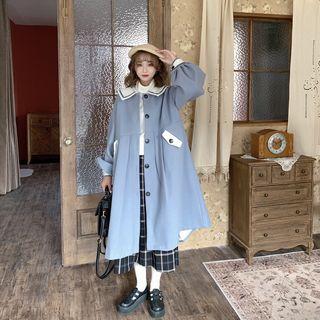 Collared Buttoned Midi Coat / Turtleneck Top / Plaid A-line Midi Skirt
