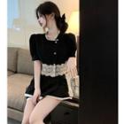 Lace-trim Puff-sleeve Crop Jacket / High-waist Mini Skirt