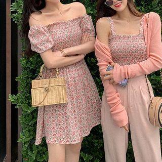 Short-sleeve Floral Print Mini A-line Dress / Spaghetti Strap Smocked Top