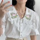 Flower Embroidered Lace Trim Puff-sleeve Blouse