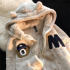 Bear Print Fluffy Hooded Zip Jacket